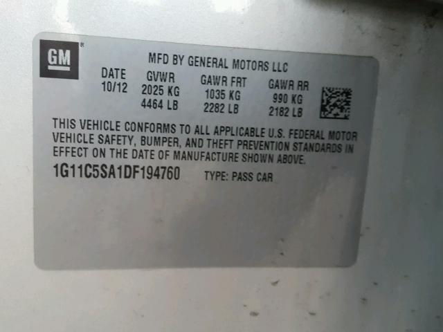 1G11C5SA1DF194760 - 2013 CHEVROLET MALIBU 1LT SILVER photo 10