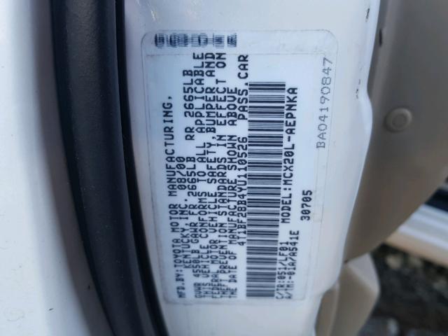 4T1BF28B4YU110526 - 2000 TOYOTA AVALON XL WHITE photo 10