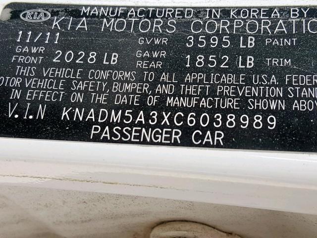 KNADM5A3XC6038989 - 2012 KIA RIO LX WHITE photo 10