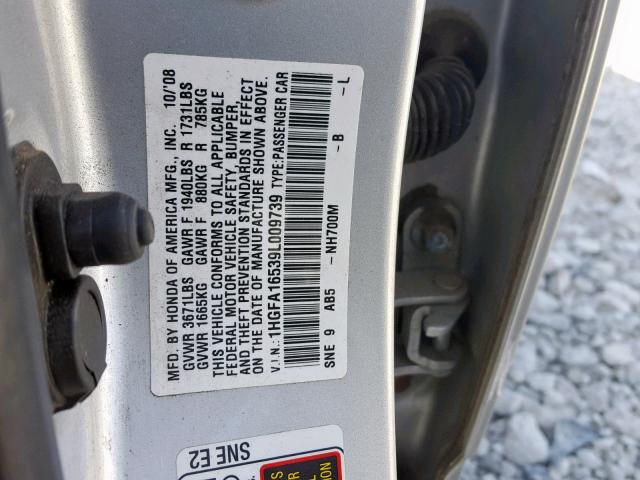 1HGFA16539L009739 - 2009 HONDA CIVIC LX SILVER photo 10