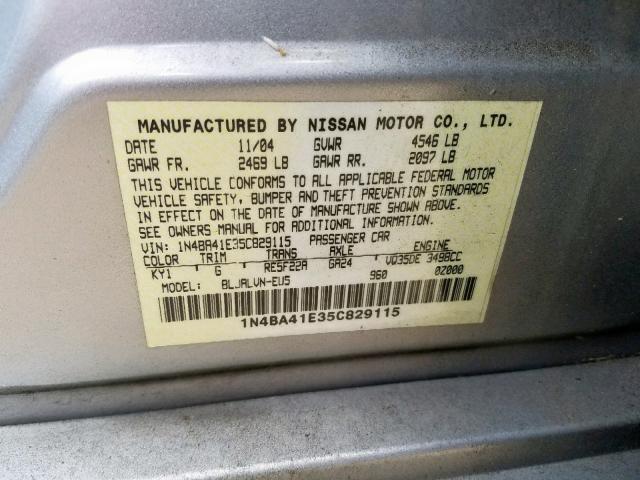 1N4BA41E35C829115 - 2005 NISSAN MAXIMA SE GRAY photo 10