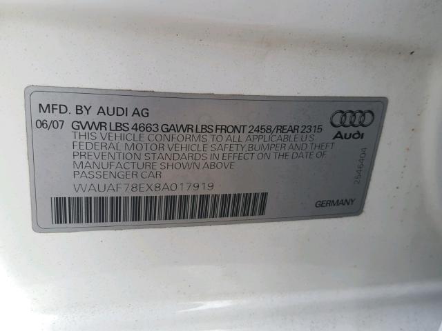 WAUAF78EX8A017919 - 2008 AUDI A4 2.0T WHITE photo 10