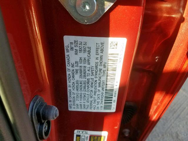 2HKRW2H91JH676241 - 2018 HONDA CR-V TOURI ORANGE photo 10