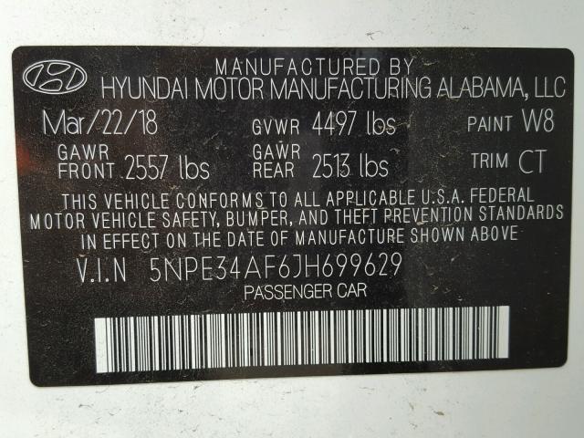 5NPE34AF6JH699629 - 2018 HYUNDAI SONATA SPO WHITE photo 10