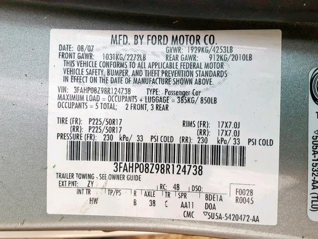 3FAHP08Z98R124738 - 2008 FORD FUSION SEL CHARCOAL photo 10