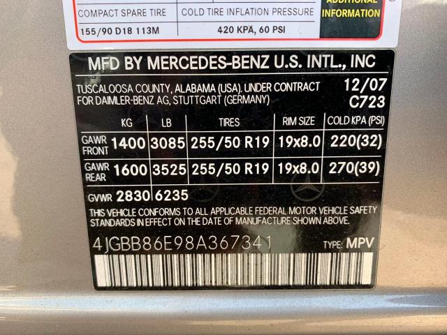 4JGBB86E98A367341 - 2008 MERCEDES-BENZ ML 350 SILVER photo 9