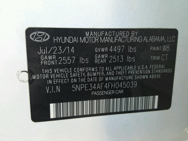 5NPE34AF4FH045039 - 2015 HYUNDAI SONATA SPO WHITE photo 10