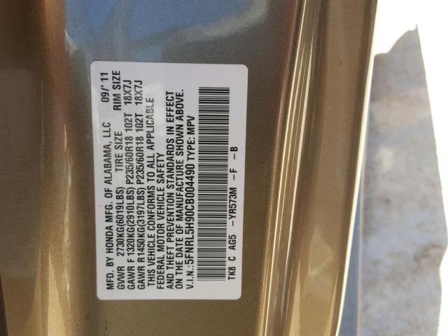 5FNRL5H90CB004490 - 2012 HONDA ODYSSEY TO BROWN photo 10