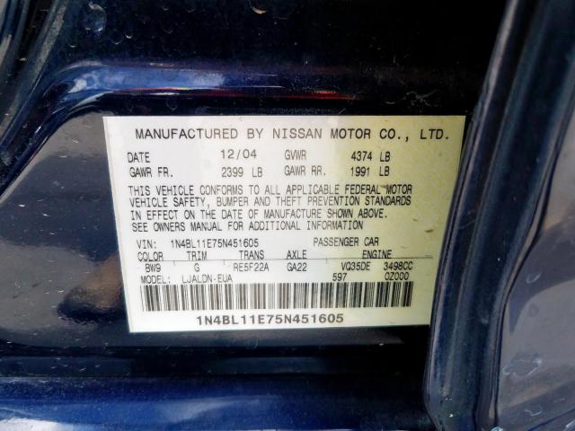 1N4BL11E75N451605 - 2005 NISSAN ALTIMA SE BLUE photo 10