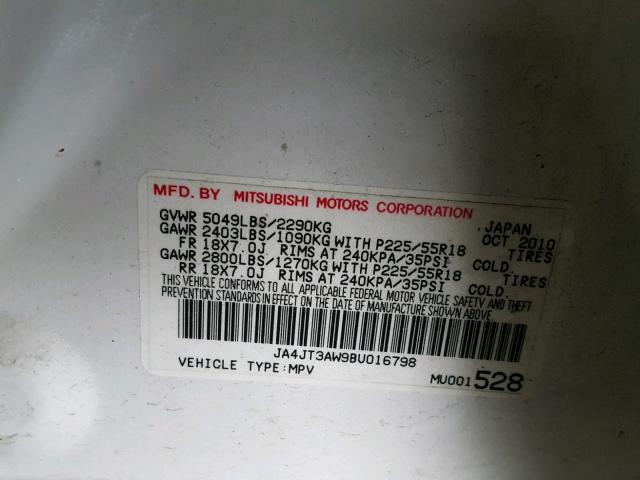 JA4JT3AW9BU016798 - 2011 MITSUBISHI OUTLANDER WHITE photo 10