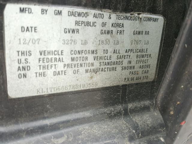 KL1TD66678B193559 - 2008 CHEVROLET AVEO BASE Қара фото 10