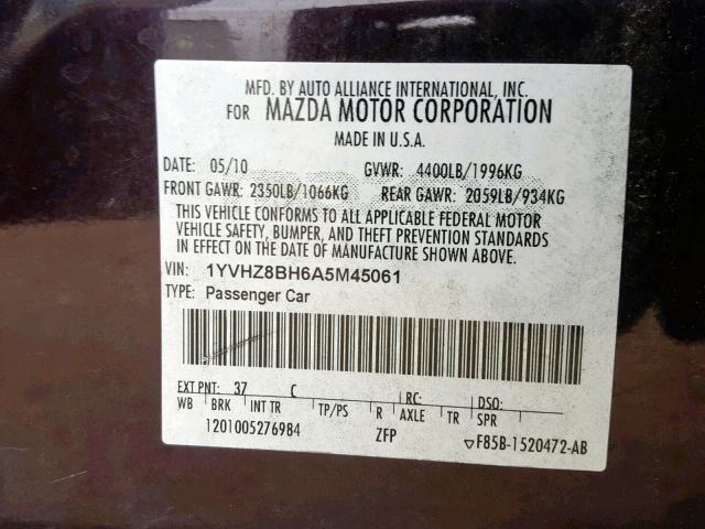 1YVHZ8BH6A5M45061 - 2010 MAZDA 6 I PURPLE photo 10