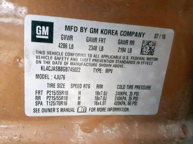 KL4CJASB8GB745022 - 2016 BUICK ENCORE BROWN photo 10