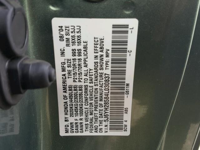 5J6YH28584L030837 - 2004 HONDA ELEMENT EX GREEN photo 10