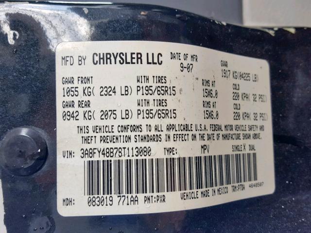 3A8FY48B78T113080 - 2008 CHRYSLER PT CRUISER BLACK photo 10