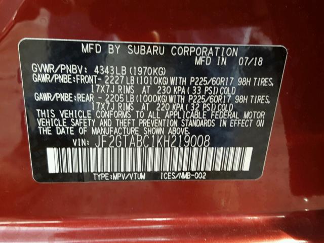 JF2GTABC1KH219008 - 2019 SUBARU CROSSTREK RED photo 10