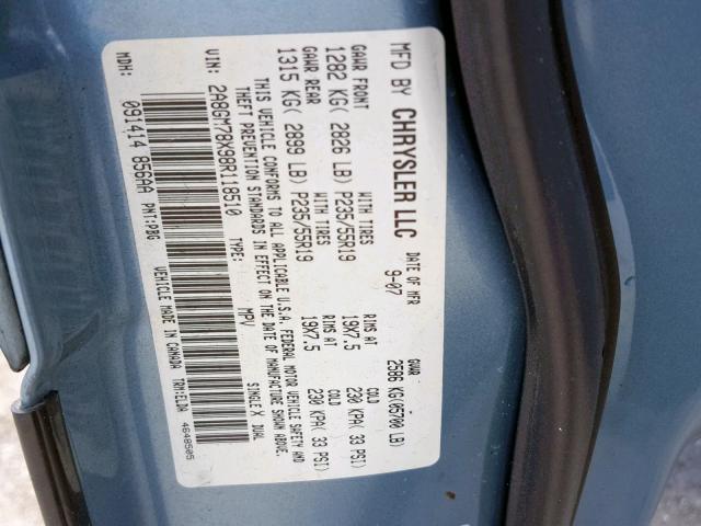 2A8GM78X98R118510 - 2008 CHRYSLER PACIFICA L BLUE photo 10