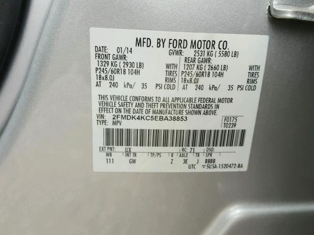 2FMDK4KC5EBA38853 - 2014 FORD EDGE LIMIT SILVER photo 10