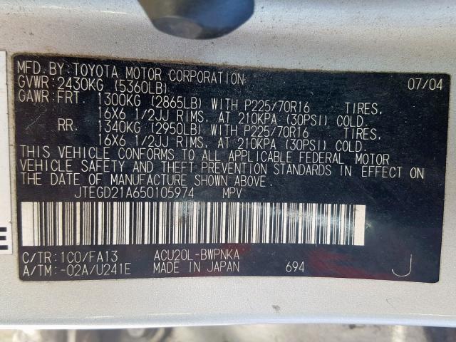 JTEGD21A650105974 - 2005 TOYOTA HIGHLANDER SILVER photo 10