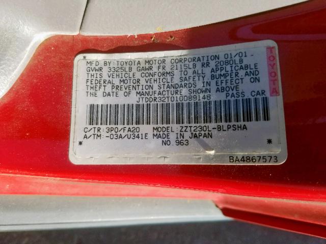 JTDDR32T010089148 - 2001 TOYOTA CELICA GT RED photo 10