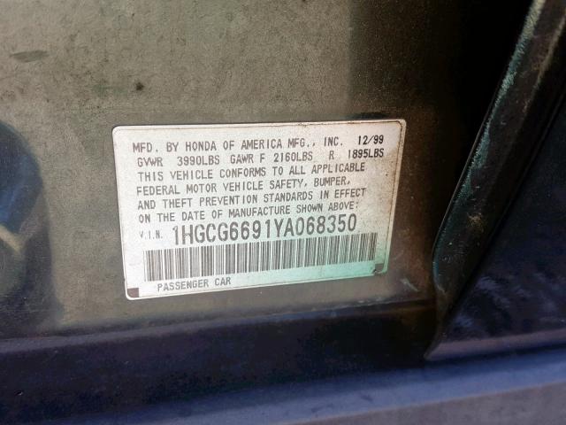 1HGCG6691YA068350 - 2000 HONDA ACCORD SE GREEN photo 10