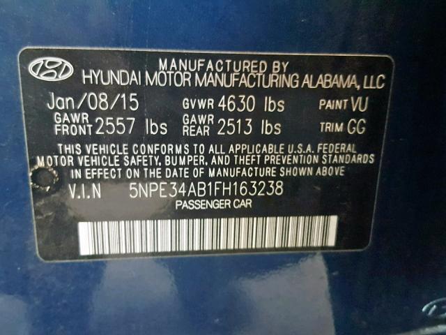 5NPE34AB1FH163238 - 2015 HYUNDAI SONATA SPO BLUE photo 10