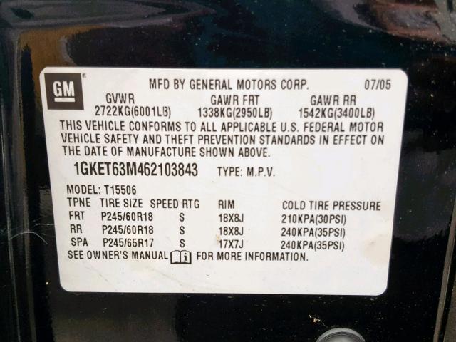 1GKET63M462103843 - 2006 GMC ENVOY DENA BLACK photo 10