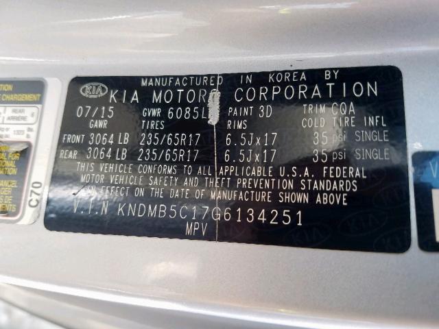 KNDMB5C17G6134251 - 2016 KIA SEDONA LX SILVER photo 10