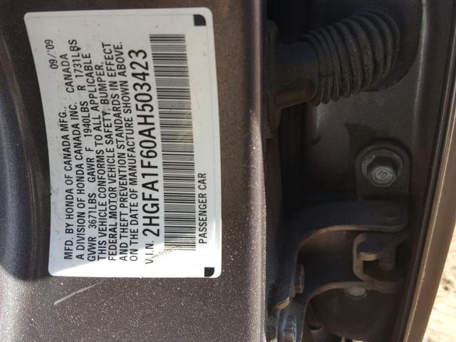 2HGFA1F60AH503423 - 2010 HONDA CIVIC GRAY photo 10