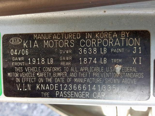 KNADE123666141335 - 2006 KIA RIO BLUE photo 10