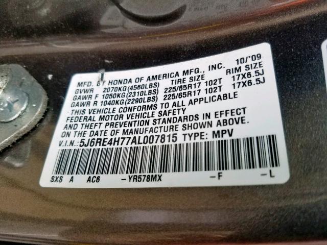 5J6RE4H77AL007815 - 2010 HONDA CR-V EXL GRAY photo 10