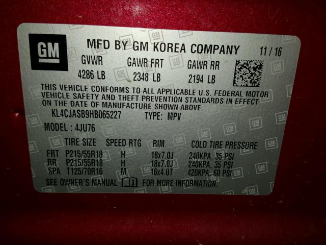 KL4CJASB9HB065227 - 2017 BUICK ENCORE PRE RED photo 10