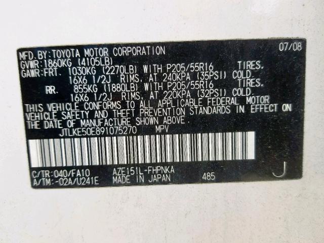 JTLKE50E891075270 - 2009 TOYOTA SCION XB Ақ фото 10