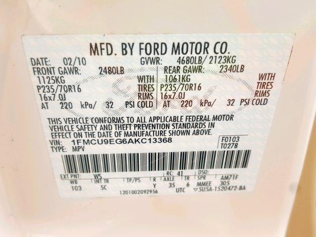 1FMCU9EG6AKC13368 - 2010 FORD ESCAPE LIM WHITE photo 10