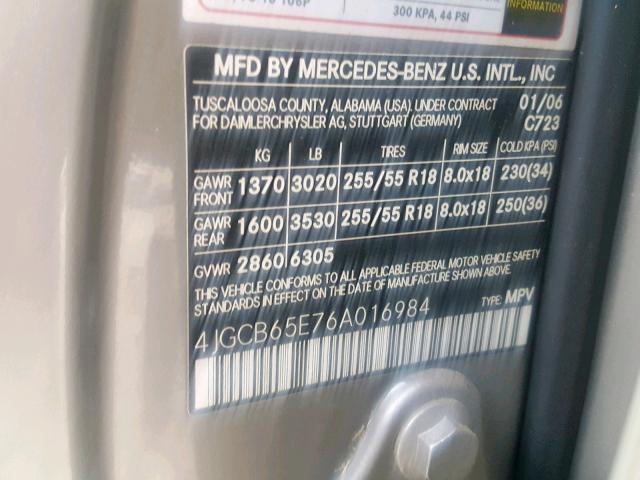 4JGCB65E76A016984 - 2006 MERCEDES-BENZ R 350 SILVER photo 10