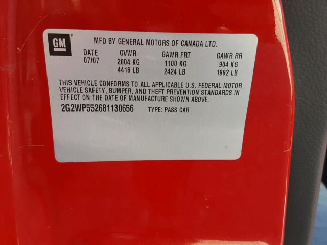 2G2WP552681130656 - 2008 PONTIAC GRAND PRIX RED photo 10