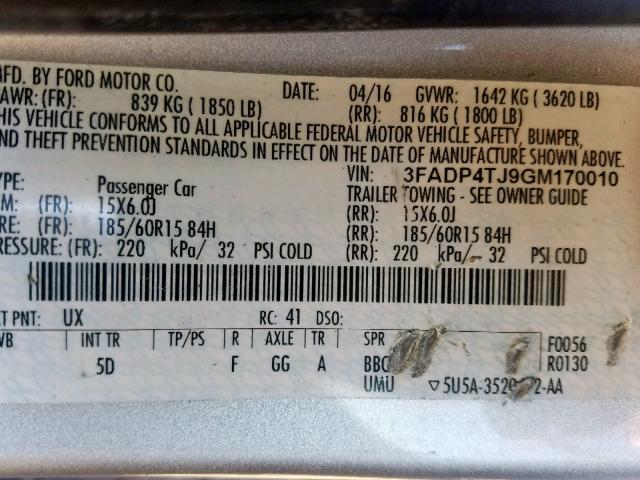 3FADP4TJ9GM170010 - 2016 FORD FIESTA S SILVER photo 10