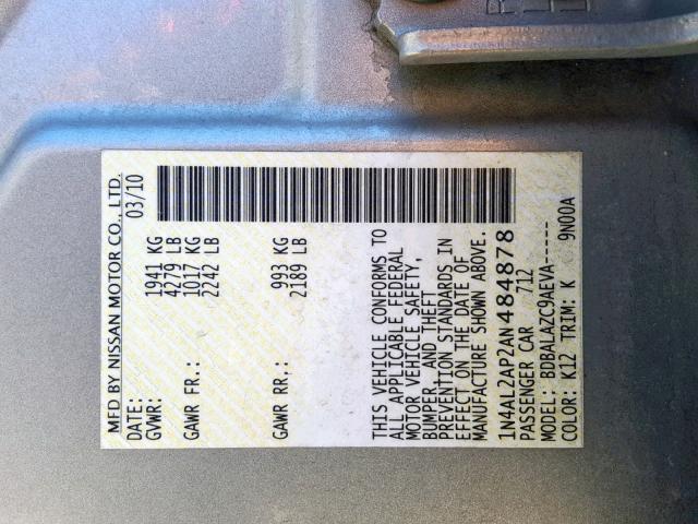 1N4AL2AP2AN484878 - 2010 NISSAN ALTIMA BAS SILVER photo 10