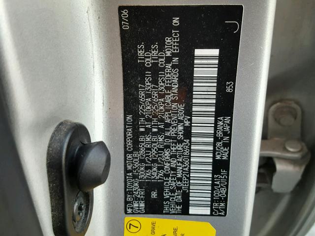 JTEEP21A360186934 - 2006 TOYOTA HIGHLANDER SILVER photo 10