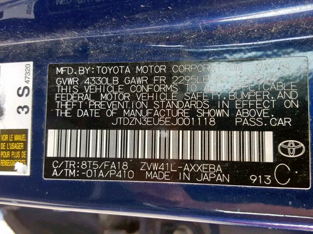 JTDZN3EU5EJ001118 - 2014 TOYOTA PRIUS V BLUE photo 10