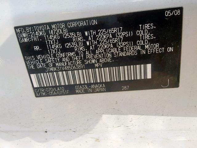 JTMBK31V485063891 - 2008 TOYOTA RAV4 LIMIT WHITE photo 10