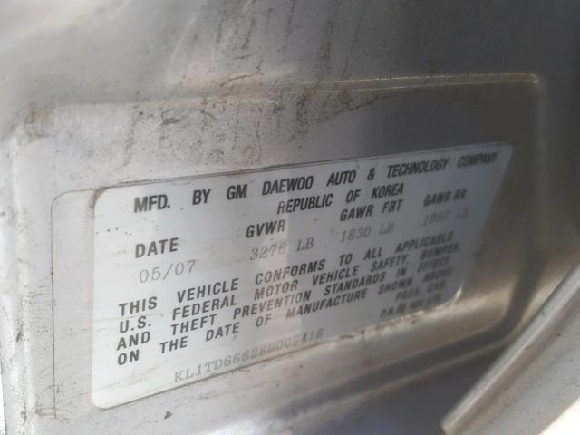 KL1TD66628B009418 - 2008 CHEVROLET AVEO BASE Gümüş foto 10