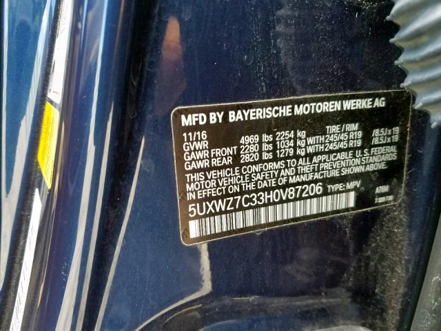 5UXWZ7C33H0V87206 - 2017 BMW X3 SDRIVE2 BLUE photo 10