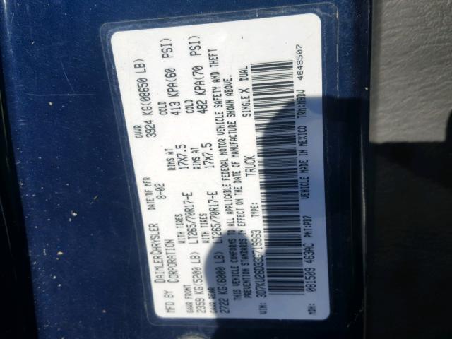 3D7KU26D33G719963 - 2003 DODGE RAM 2500 S BLUE photo 10