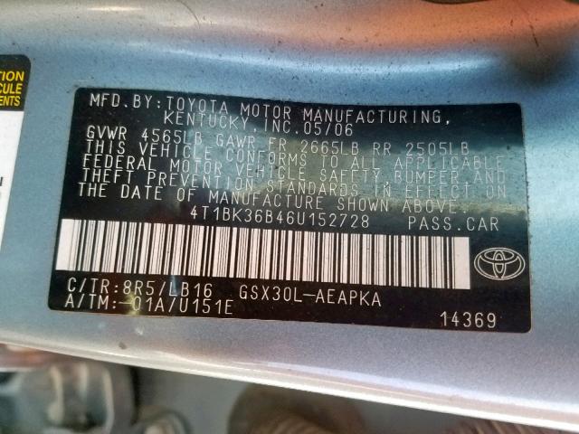 4T1BK36B46U152728 - 2006 TOYOTA AVALON XL/ BLUE photo 10