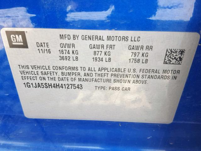 1G1JA5SH4H4127543 - 2017 CHEVROLET SONIC LS 蓝色 照片 10