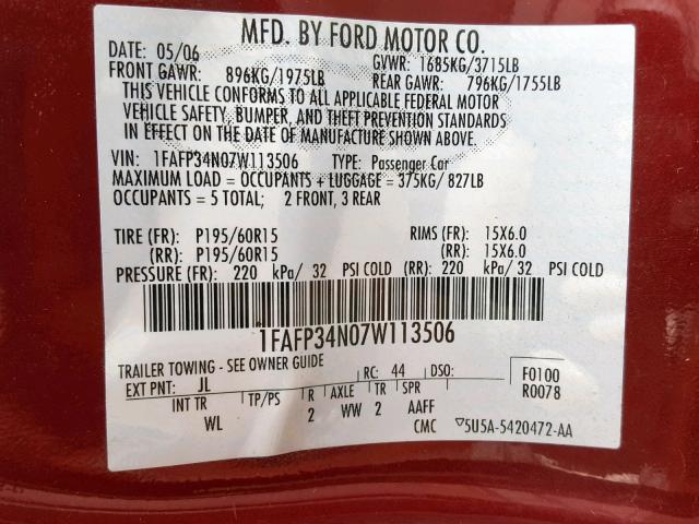 1FAFP34N07W113506 - 2007 FORD FOCUS ZX4 MAROON photo 10