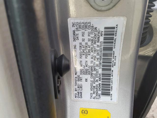 5TDBT48A51S037015 - 2001 TOYOTA SEQUOIA LI SILVER photo 10