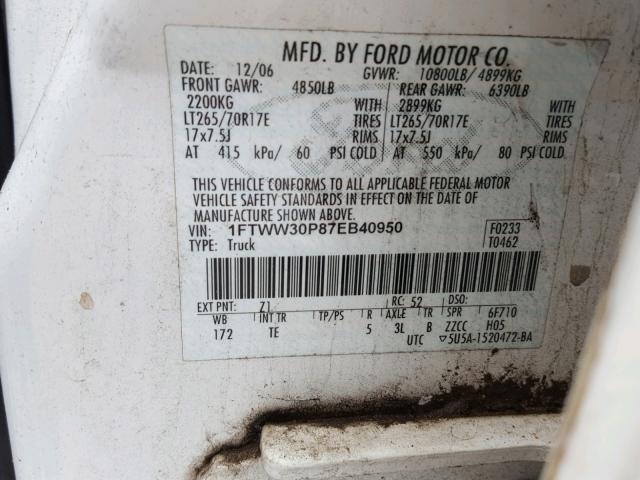 1FTWW30P87EB40950 - 2007 FORD F350 SRW S WHITE photo 10