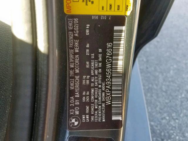 WBXPA93456WG76616 - 2006 BMW X3 3.0I GREEN photo 10